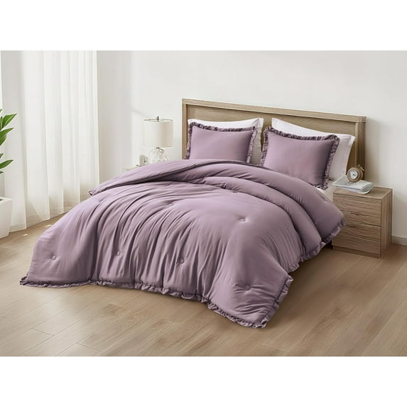 Chezmoi Collection Nora 2-Piece Mauve Ruffled Edge Trim Microfiber Comforter Set, Twin Size