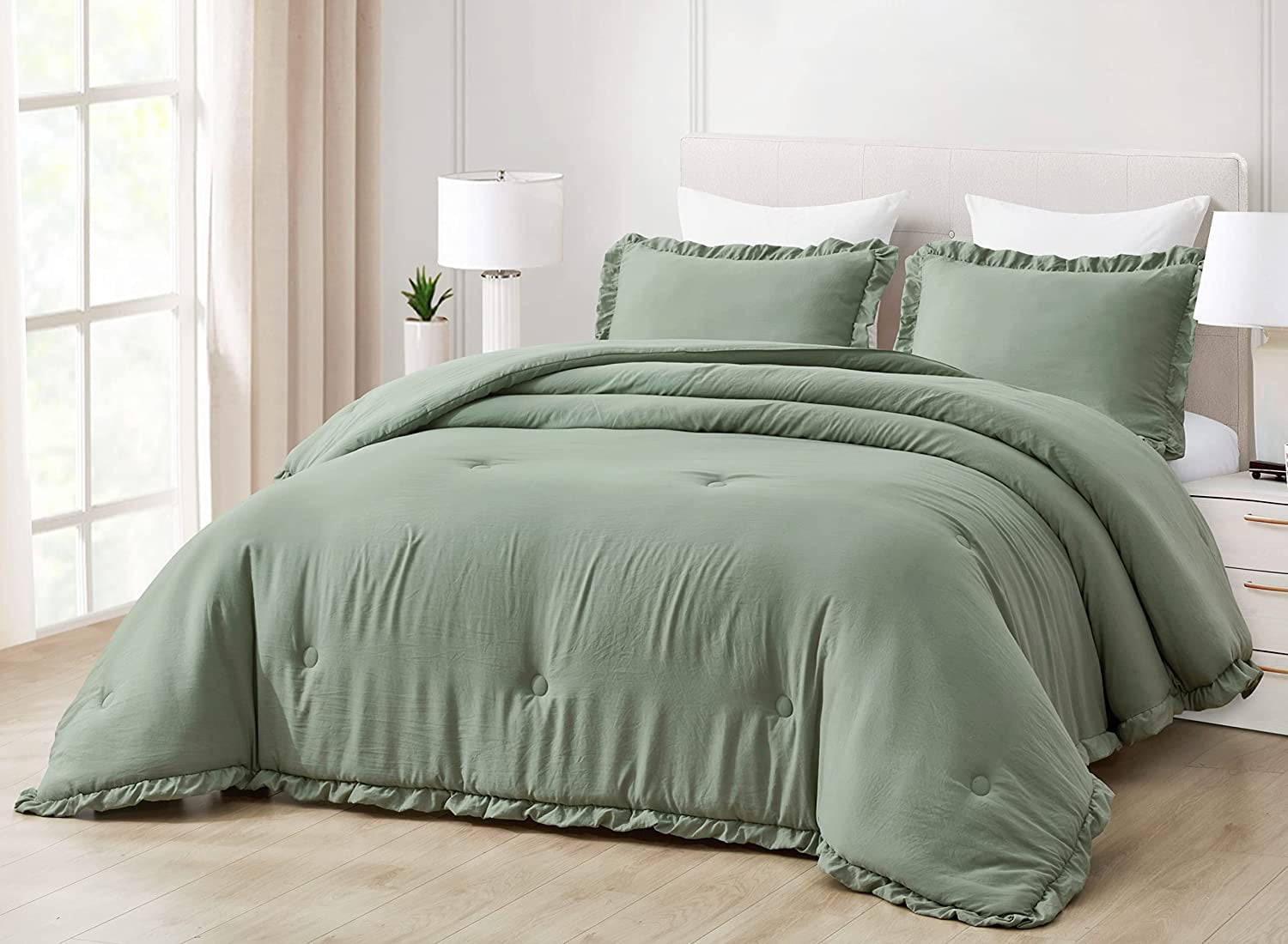 Sage Green Twin Microfiber Reversible Comforter Set with Ruffled Trim