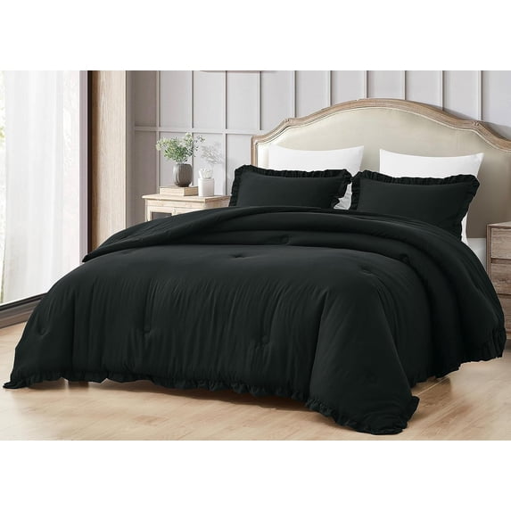 Chezmoi Collection Nora 3-Piece Black Ruffled Edge Trim Microfiber Comforter Set, Full Size