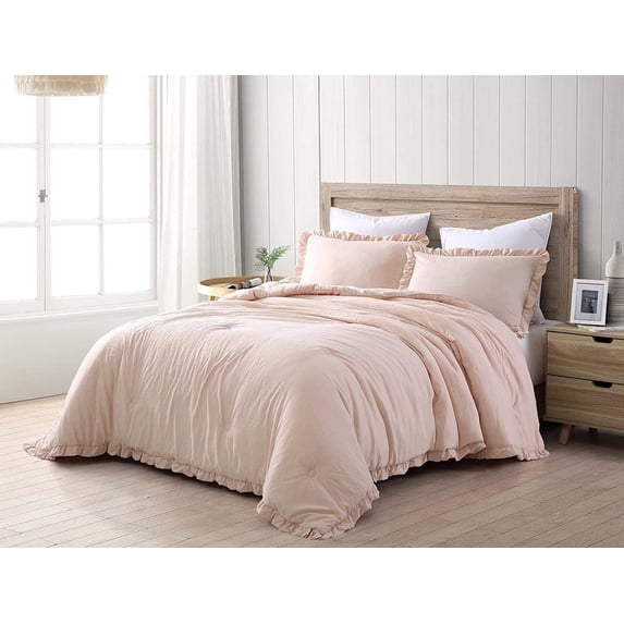 Chezmoi Collection Nora 3-Piece Blush Pink Ruffled Edge Trim Microfiber Comforter Set, Full Size