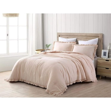 Chezmoi Collection Nora 3-Piece Blush Pink Ruffled Edge Trim Microfiber Comforter Set, Queen Size