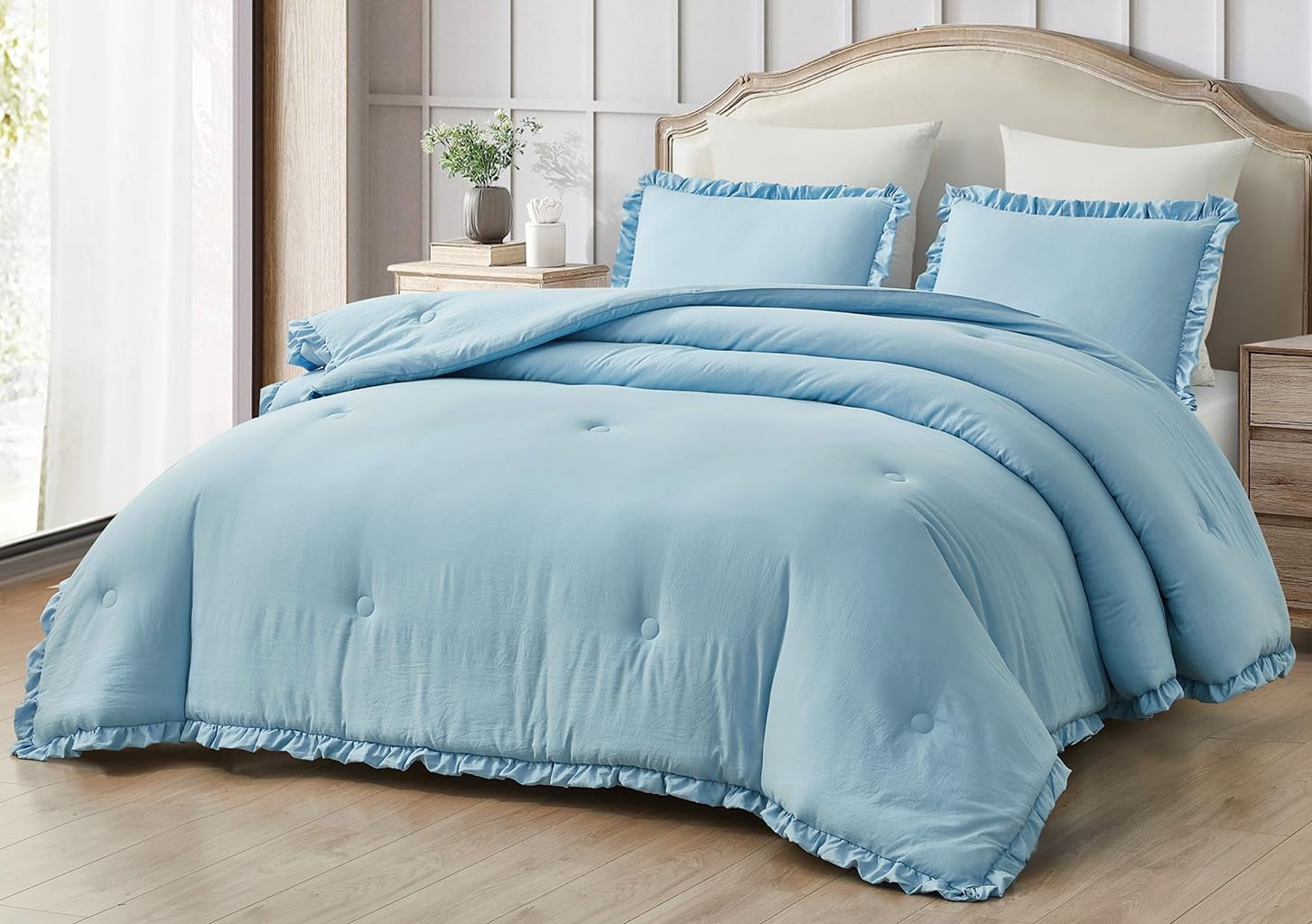 Chezmoi Collection Nora 3-Piece Chambray Blue Ruffled Edge Trim Microfiber Comforter Set, Queen Size