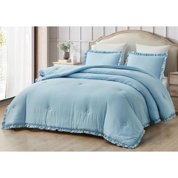 Chezmoi Collection Nora 3-Piece Chambray Blue Ruffled Edge Trim Microfiber Comforter Set, Queen Size