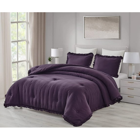 Chezmoi Collection Nora 3-Piece Dark Purple Ruffled Edge Trim Microfiber Comforter Set, King Size