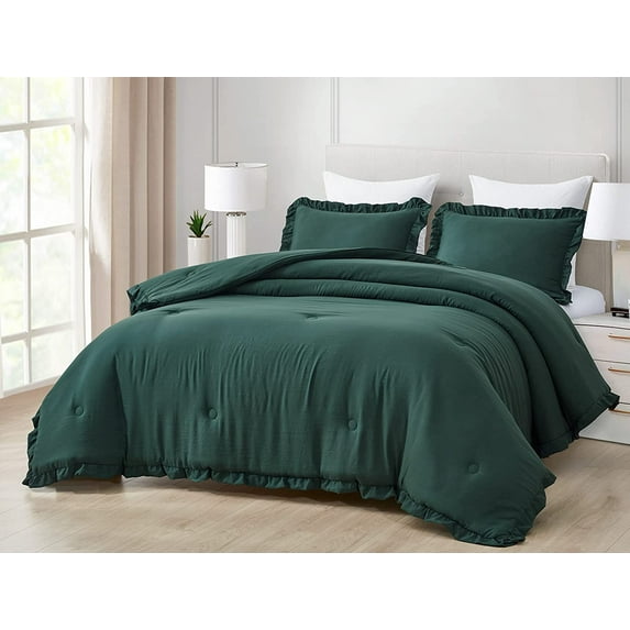 Chezmoi Collection Nora 3-Piece Emerald Green Ruffled Edge Trim Microfiber Comforter Set, King Size