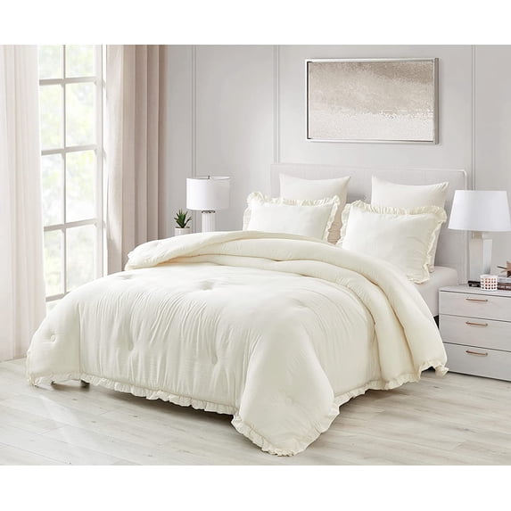 Chezmoi Collection Nora 3-Piece Ivory Ruffled Edge Trim Microfiber Comforter Set, Oversized King Size