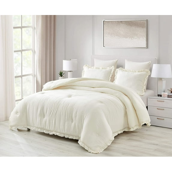 Chezmoi Collection Nora 3-Piece Ivory Ruffled Edge Trim Microfiber Comforter Set, Oversized Queen Size