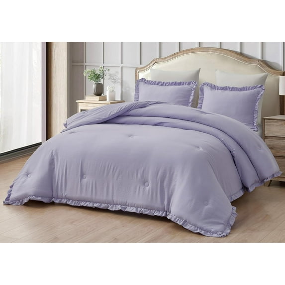 Chezmoi Collection Nora 3-Piece Lavender Ruffled Edge Trim Microfiber Comforter Set, Queen Size