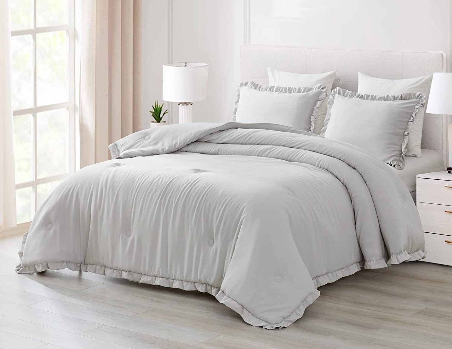 Light Gray Full Microfiber Comforter Set with Ruffled Edge Trim
