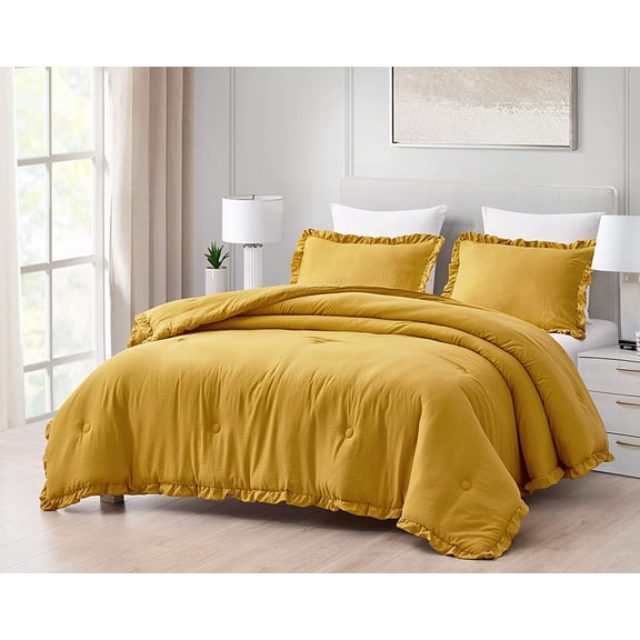 Chezmoi Collection Nora 3-Piece Mustard Ruffled Edge Trim Microfiber Comforter Set, King Size