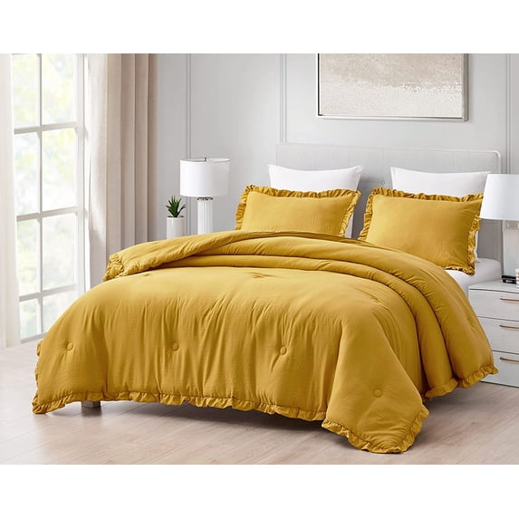 Chezmoi Collection Nora 3-Piece Mustard Ruffled Edge Trim Microfiber Comforter Set, Queen Size