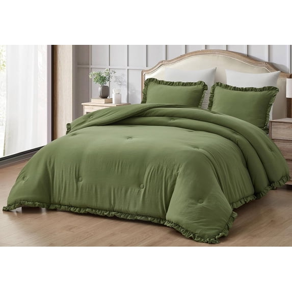 Chezmoi Collection Nora 3-Piece Olive Green Ruffled Edge Trim Microfiber Comforter Set, Oversized King Size