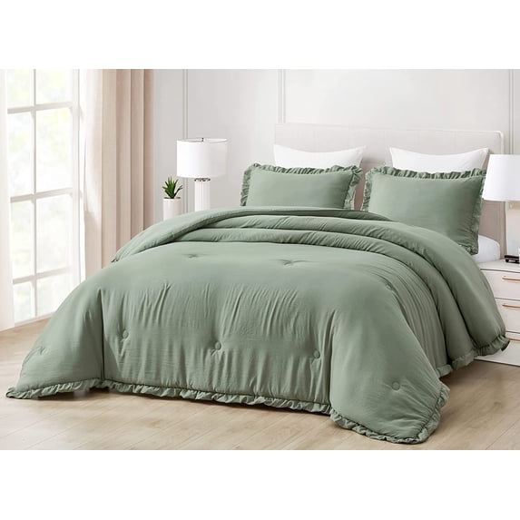 Chezmoi Collection Nora 3-Piece Sage Green Ruffled Edge Trim Microfiber Comforter Set, Oversized Queen Size