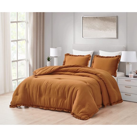 Chezmoi Collection Nora 3-Piece Spice Ruffled Edge Trim Microfiber Comforter Set, King Size