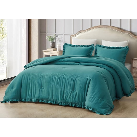 Chezmoi Collection Nora 3-Piece Teal Ruffled Edge Trim Microfiber Comforter Set, Queen Size