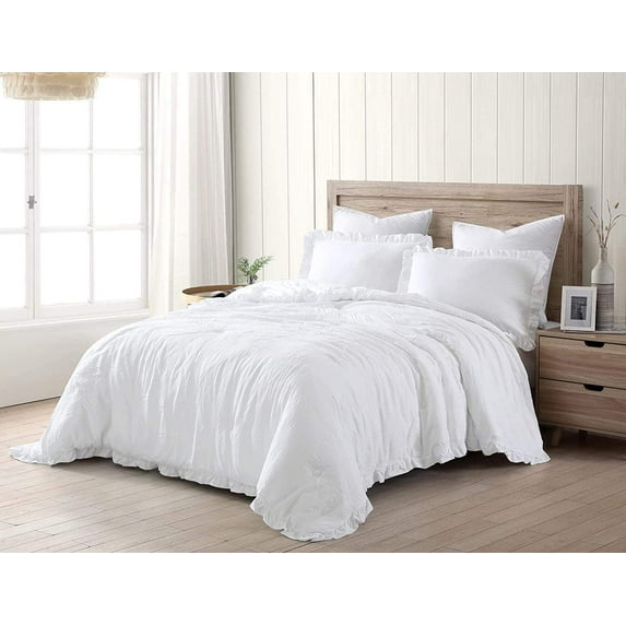 Chezmoi Collection Nora 3-Piece White Ruffled Edge Trim Microfiber Comforter Set, Oversized King Size