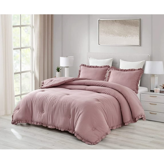 Chezmoi Collection Nora 3-Piece Woodrose Ruffled Edge Trim Microfiber Comforter Set, Full Size