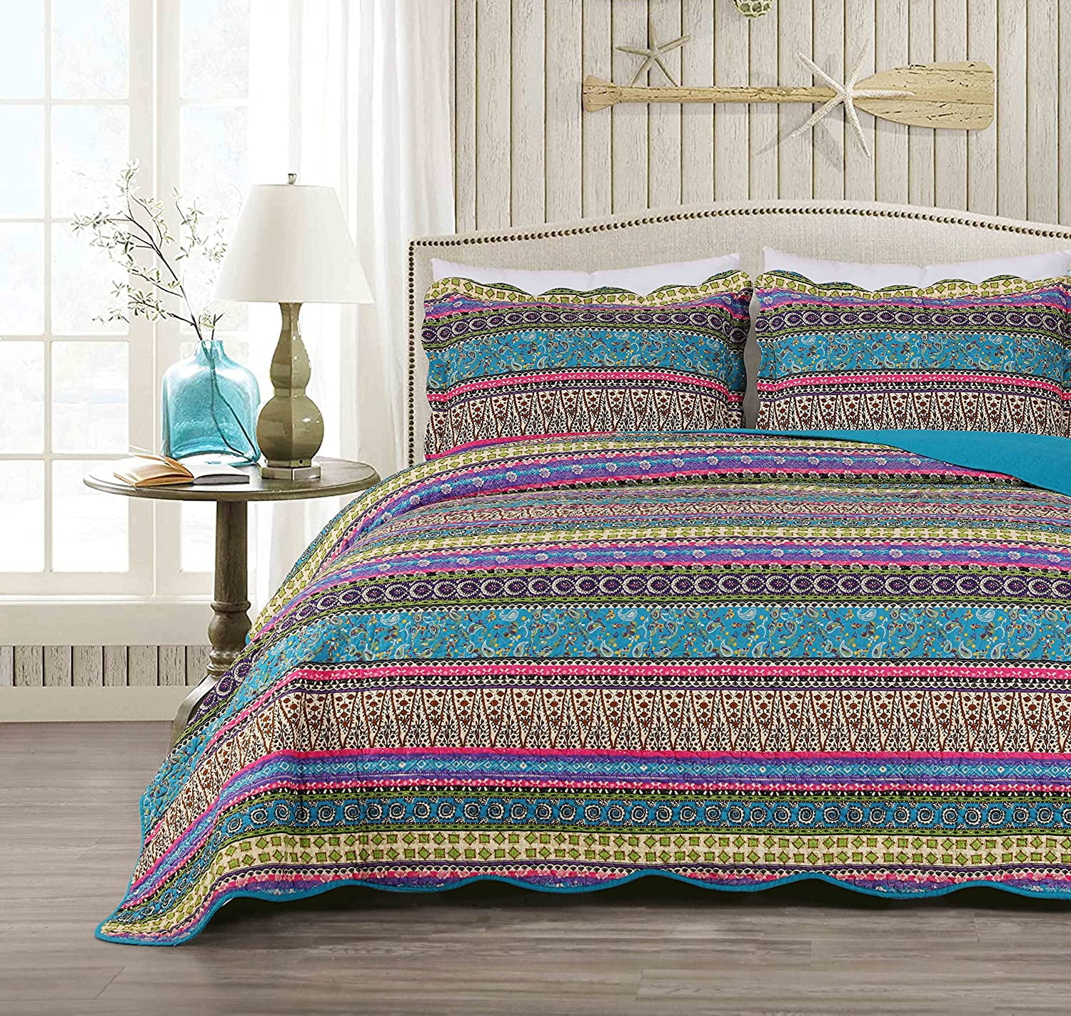 Boho Chic Blue Cotton Queen Reversible Quilt Set