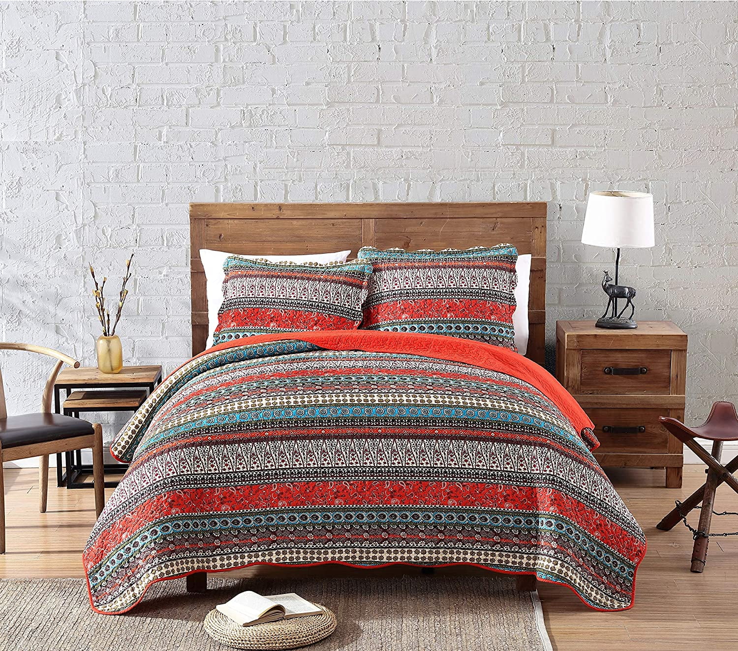 Queen Size Orange Cotton Bohemian Reversible Quilt Set
