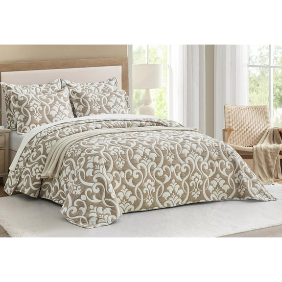 Chezmoi Collection Oversized Bedspread 100x106, Jacquard Matelasse Floral Damask Design, 5-Piece Lightweight Reversible Microfiber Bedding Coverlet Set for All Season, Queen, Taupe/White