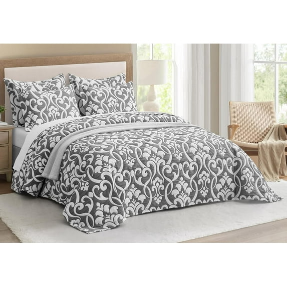 Chezmoi Collection Oversized Bedspread 118x106, Jacquard Matelasse Floral Damask Design, 5-Piece Lightweight Reversible Microfiber Bedding Coverlet Set for All Season, King, Dark Gray/White