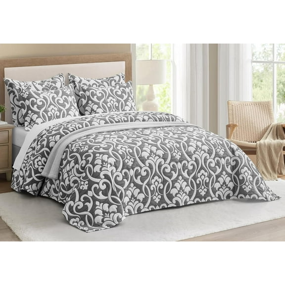 Chezmoi Collection Oversized Bedspread 128x106, Jacquard Matelasse Floral Damask Design, 5-Piece Lightweight Reversible Microfiber Bedding Coverlet Set for All Season, Oversized King, Dark Gray/White