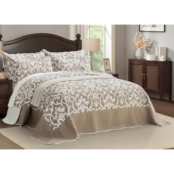 Chezmoi Collection Oversized Bedspread 128x120, Jacquard Matelasse Floral Damask Design, 5-Piece Lightweight Reversible Microfiber Coverlet Set Textured Dot Border, Super King, Taupe/White