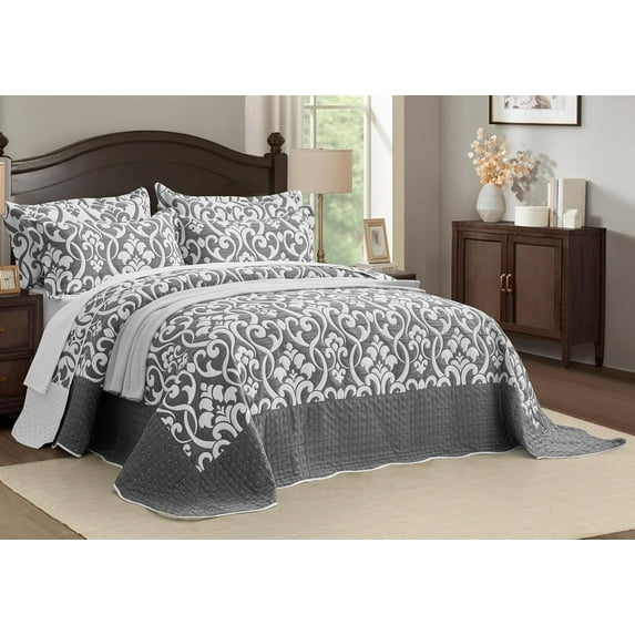 Chezmoi Collection Oversized Bedspread 128x120, Jacquard Matelasse Floral Damask Design, 5-Piece Lightweight Reversible Microfiber Coverlet Set Textured Dot Border, Super King, Dark Gray/White