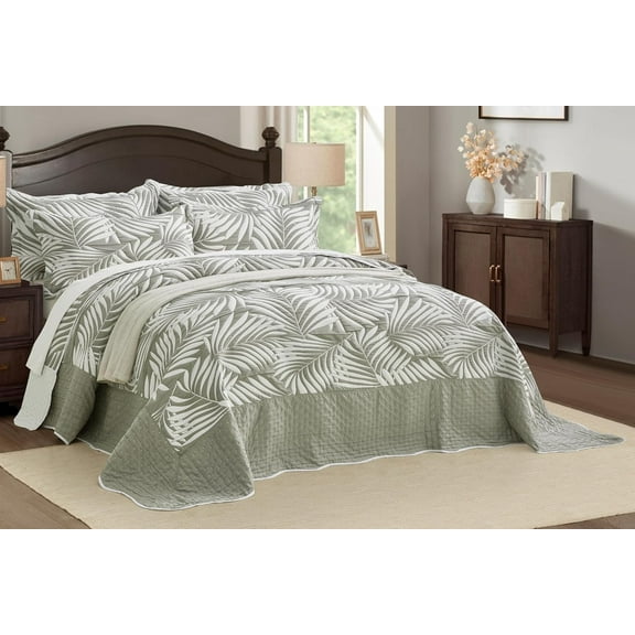Chezmoi Collection Oversized Bedspread 138x122, Jacquard Matelasse Leaf Damask Design, 5-Piece Lightweight Reversible Microfiber Coverlet Set Textured Dot Border, Alaskan King, Platinum Gray/White
