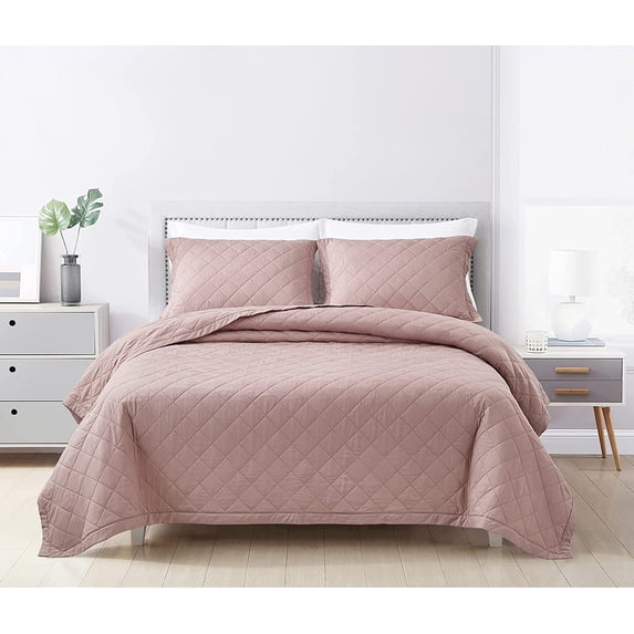 Chezmoi Collection Owen 3-Piece Soft Cooling Bamboo Fiber Quilt Bedspread Diamond Quilted Coverlet Set (King, Woodrose)