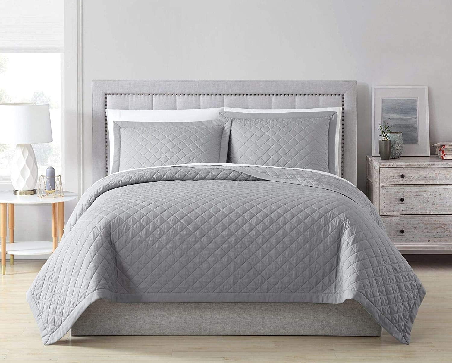 Chezmoi Collection Owen 3-Piece Soft Cooling Bamboo Fiber Quilt Bedspread Diamond Quilted Coverlet Set (Queen, Light Gray)