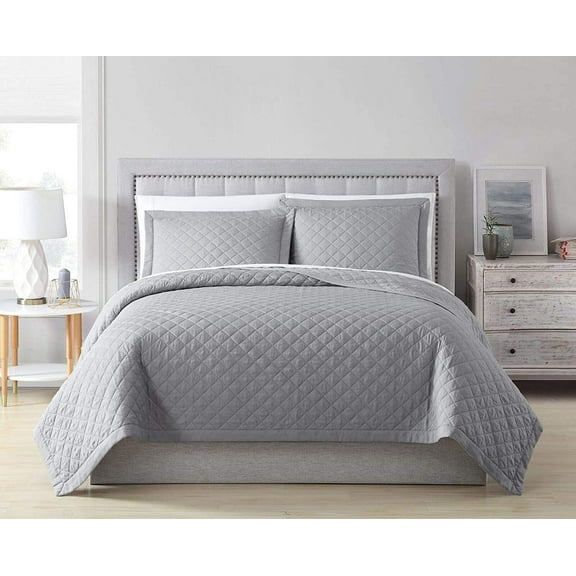 Chezmoi Collection Owen 3-Piece Soft Cooling Bamboo Fiber Quilt Bedspread Diamond Quilted Coverlet Set (Queen, Light Gray)
