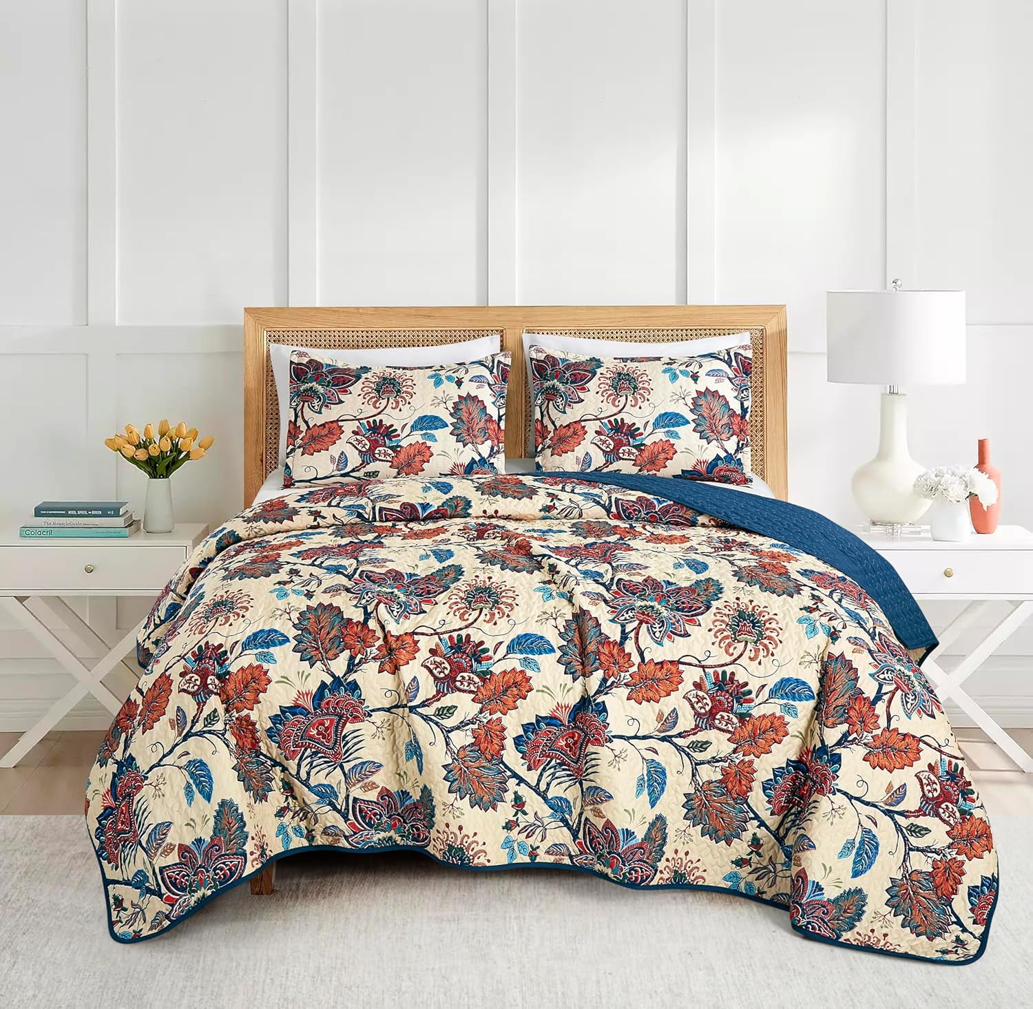 Chezmoi Collection Paradise 3-Piece Floral Quilt Set King, Multicolor Blue Red Orange Cream Printed Microfiber Lightweight Bedspread Set for All season