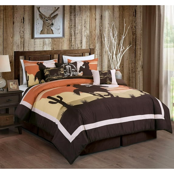 Chezmoi Collection Paseo 7-Piece Southwestern Sunset Cowboys Comforter Set, Multicolor Orange Brown Yellow White Printed Washed Microfiber Bedding, California King