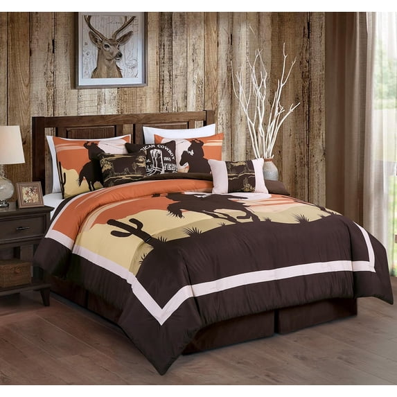 Chezmoi Collection Paseo 7-Piece Southwestern Sunset Cowboys Comforter Set, Multicolor Orange Brown Yellow White Printed Washed Microfiber Bedding, Full