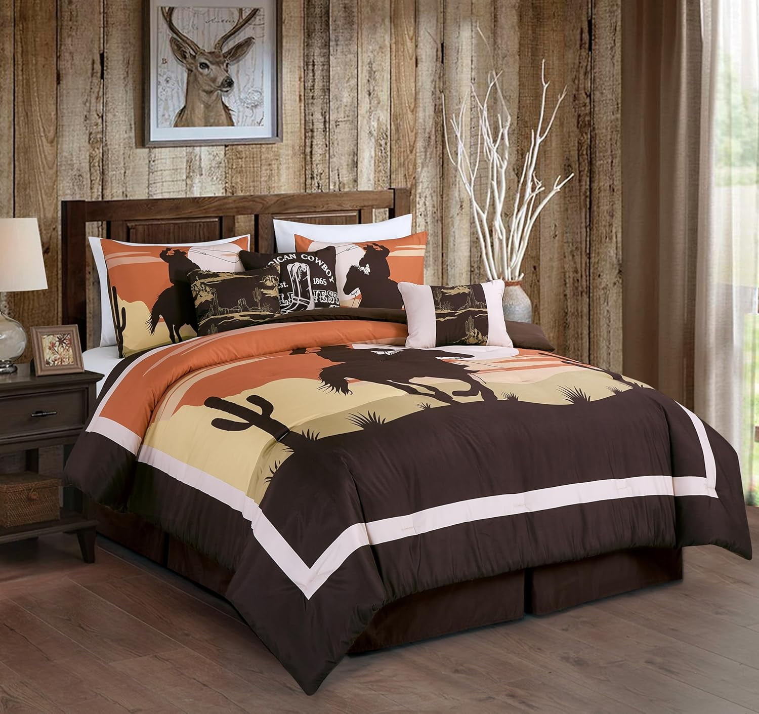 Chezmoi Collection Paseo 7-Piece Southwestern Sunset Cowboys Comforter Set, Multicolor Orange Brown Yellow White Printed Washed Microfiber Bedding, King