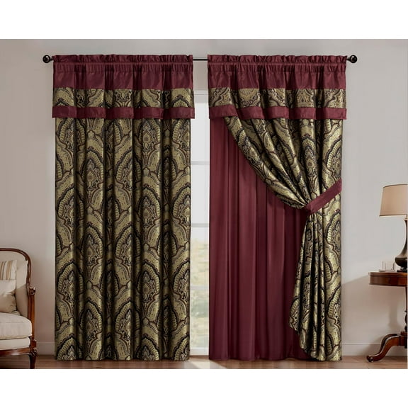 Chezmoi Collection Pierre 4-Piece Jacquard Medallion Paisley Black Gold Maroon Red Window Curtain/Drape Set Sheer Backing, Tieback, Valance