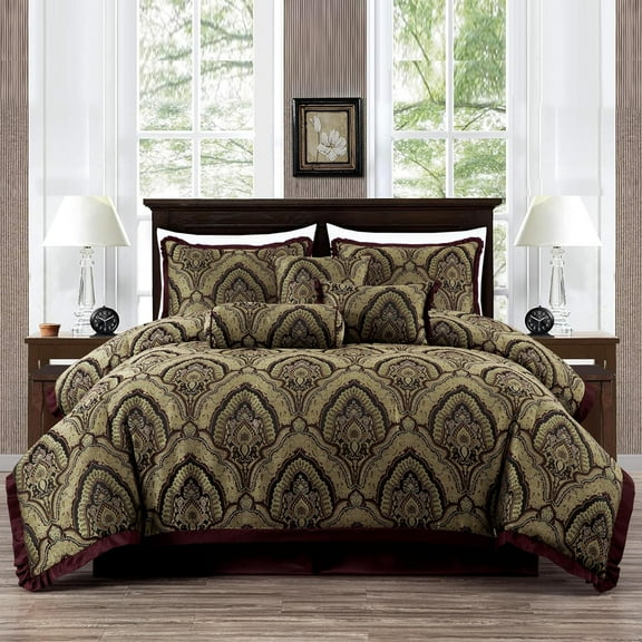 Chezmoi Collection Pierre Comforter Set King Size, 7-Piece Burgundy Black Gold Medallion Paisley Jacquard Bedding Set