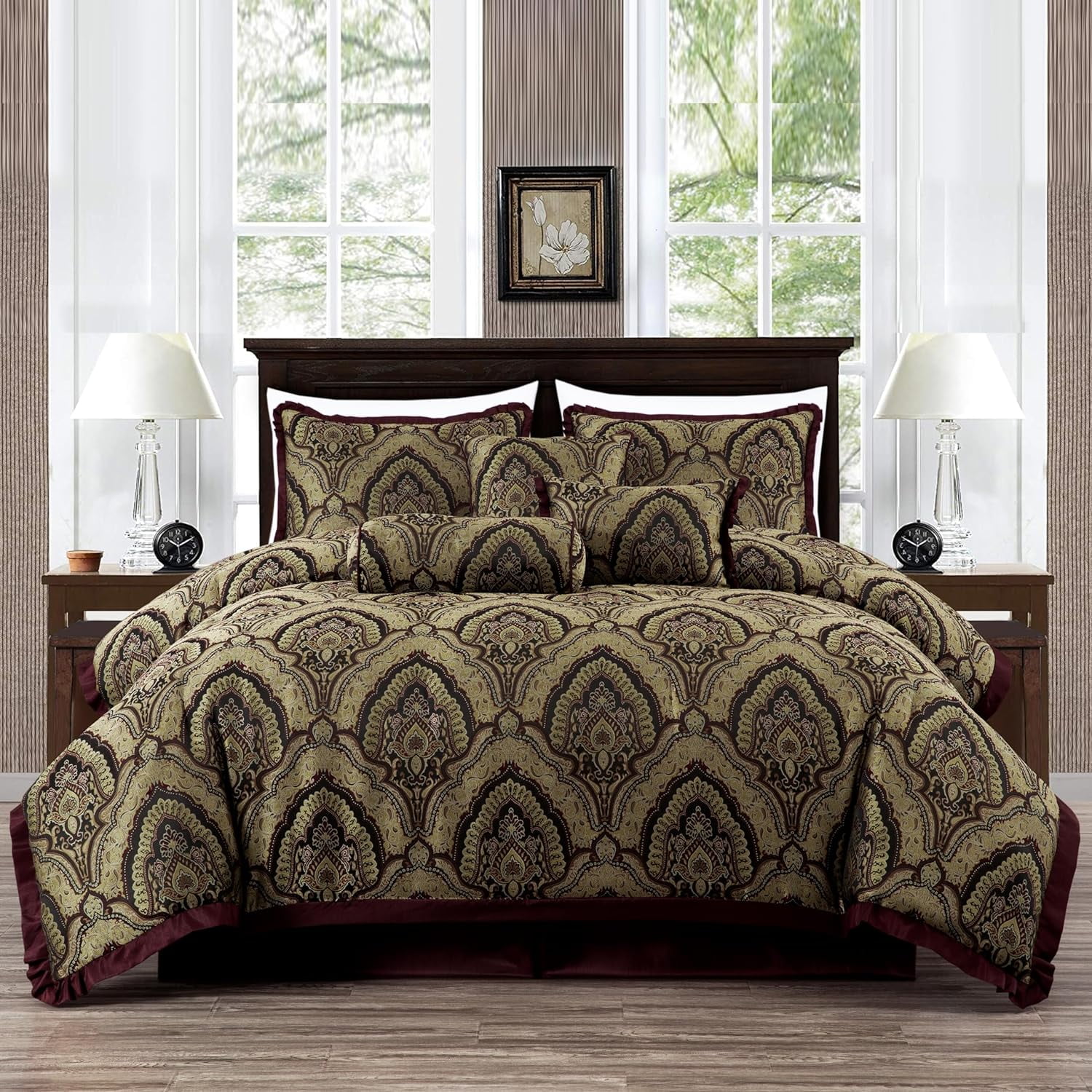 Burgundy and Gold Paisley Jacquard Queen Comforter Set