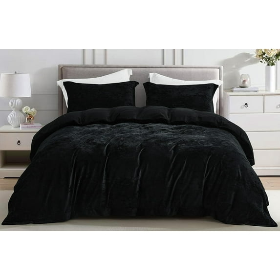 Chezmoi Collection Piers 3-Piece Black Distressed Velvet Duvet Cover Set Queen Size with Button Closure and 8 Corner Ties, Soft Washed Microfiber Reverse Comforter Cover