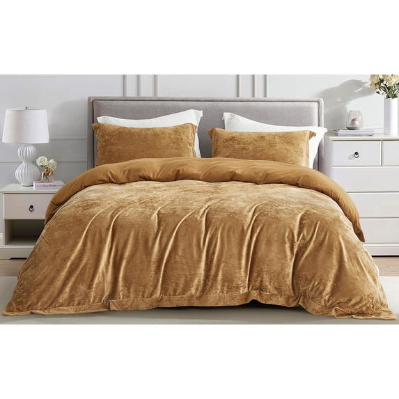 Chezmoi Collection Piers 3-Piece Caramel Gold Distressed Velvet Duvet Cover Set Queen Size with Button Closure and 8 Corner Ties, Soft Washed Microfiber Reverse Comforter Cover