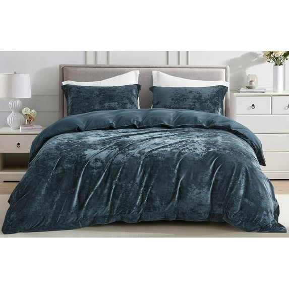 Chezmoi Collection Piers 3-Piece Storm Blue Distressed Velvet Duvet Cover Set King Size with Button Closure and 8 Corner Ties, Soft Washed Microfiber Reverse Comforter Cover