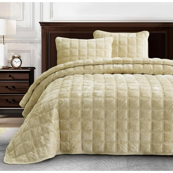 Chezmoi Collection Piers Beige Velvet Quilt Oversized King Set, 3-Piece Plush Distressed Velvet Bedding All Season Lightweight Bedspread, Brushed Microfiber Reverse with Double Square Stitch