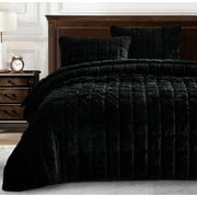 Chezmoi Collection Piers Black Velvet Quilt Queen Set, 3-Piece Lush Plush Distressed Velvet Bedding All Season Lightweight Comforter - Brushed Microfiber Reverse with Double Square Stitch