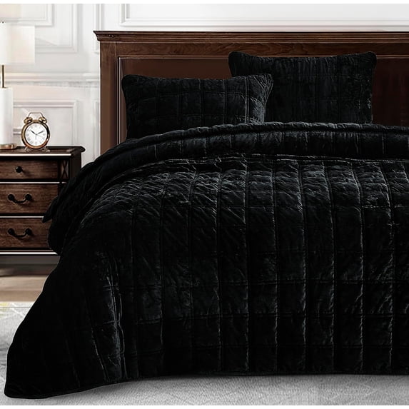 Chezmoi Collection Piers Black Velvet Quilt Queen Set, 3-Piece Lush Plush Distressed Velvet Bedding All Season Lightweight Bedspread, Brushed Microfiber Reverse with Double Square Stitch