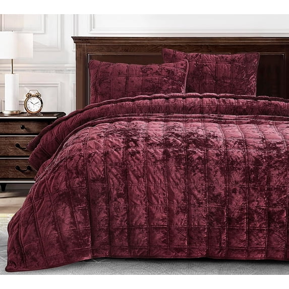 Chezmoi Collection Piers Burgundy Velvet Quilt Queen Set, 3-Piece Lush Plush Distressed Velvet Bedding All Season Lightweight Bedspread, Brushed Microfiber Reverse with Double Square Stitch