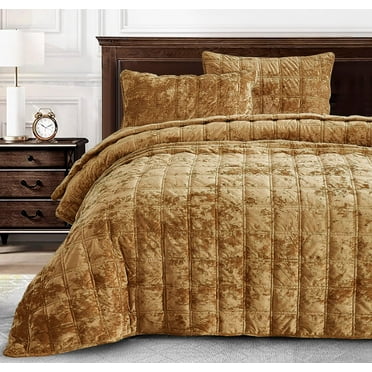 Chezmoi Collection Piers Caramel Gold Velvet Quilt King Set, 3-Piece Lush Plush Distressed Velvet Bedding All Season Lightweight Comforter - Brushed Microfiber Reverse with Double Square Stitch