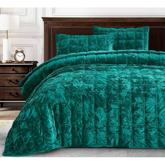 Chezmoi Collection Piers Emerald Green Velvet Quilt King Set, 3-Piece Lush Plush Distressed Velvet Bedding All Season Lightweight Bedspread, Brushed Microfiber Reverse with Double Square Stitch