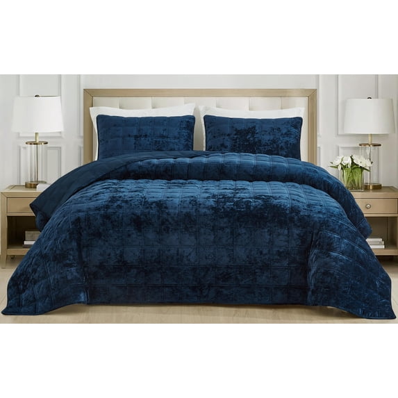 Chezmoi Collection Piers Navy Blue Velvet Quilt Queen Set, 3-Piece Lush Plush Distressed Velvet Bedding All Season Lightweight Bedspread, Brushed Microfiber Reverse with Double Square Stitch