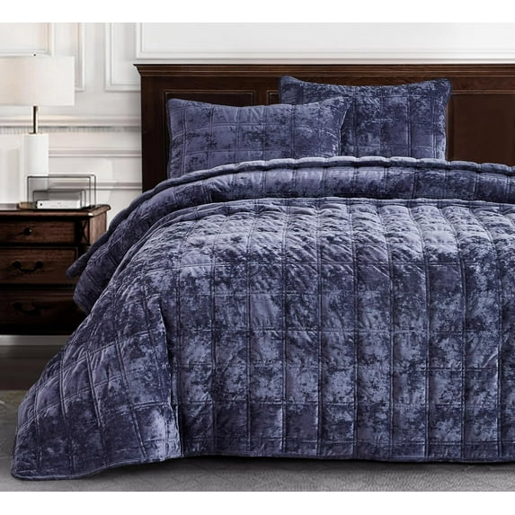 Chezmoi Collection Piers Purple Velvet Quilt Queen Set, 3-Piece Lush Plush Distressed Velvet Bedding All Season Lightweight Bedspread, Brushed Microfiber Reverse with Double Square Stitch